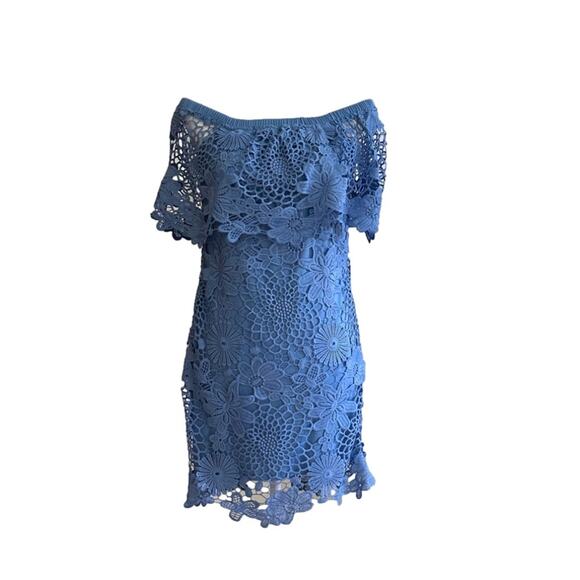 Mimi Chica Dress Blue Lace Crochet Off Shoulder Short Sleeve Mini Dress Medium - Picture 1 of 12